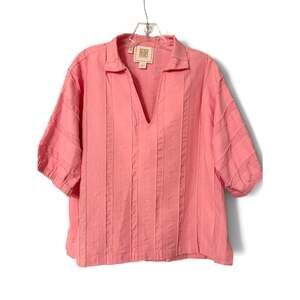 Emily McCarthy Pink Cotton Gauze Fringe V Neck Tunic Blouse Top Invite Joy L